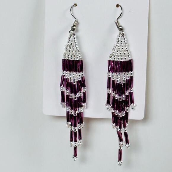 Handmade Jewelry - Southwestern Boho Beaded Handmade Tassel Fringe Purple Earrings
